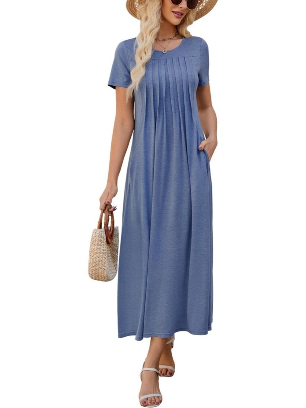 Women's Blue Summer Casual Short Sleeve Crewneck Dresses Pleated Flowy Dress